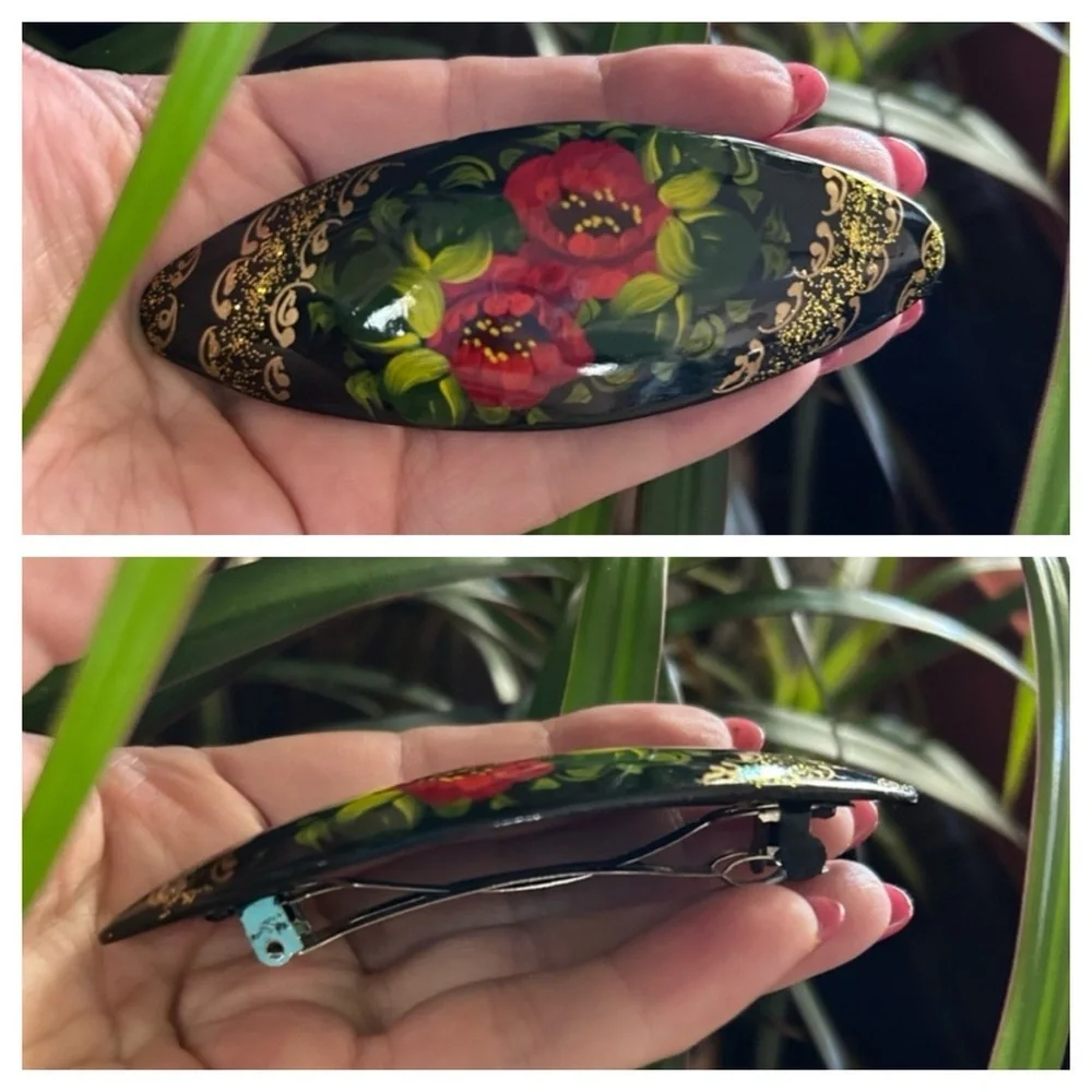 VINTAGE RUSSIAN HAND PAINTED & LACQUERED WOOD HAIR Barrette